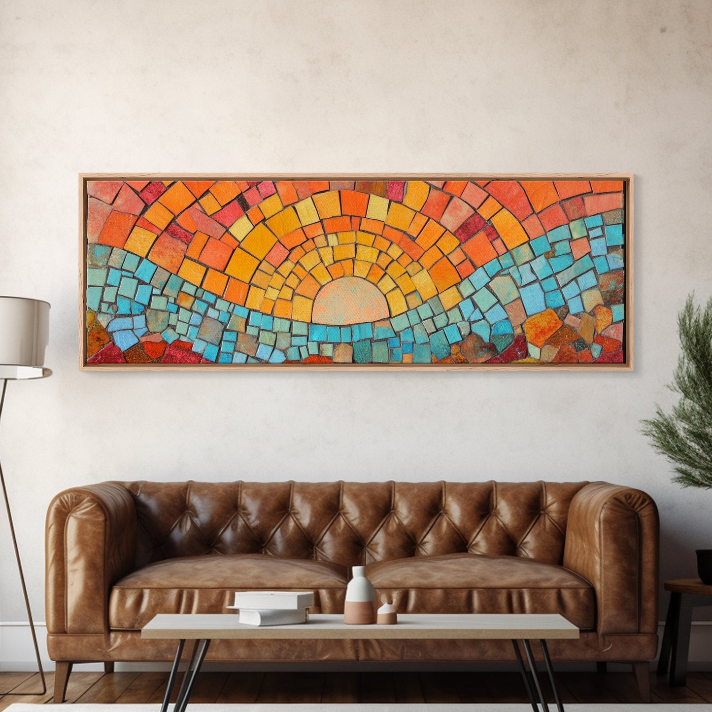 Panoramic Art Print - Sunset Mosaic Canvas Print - Wood Framed Wall Art - Horizontal Abstract Art - Large Wide Wall Art - Above Bed Decor Framed Canvas