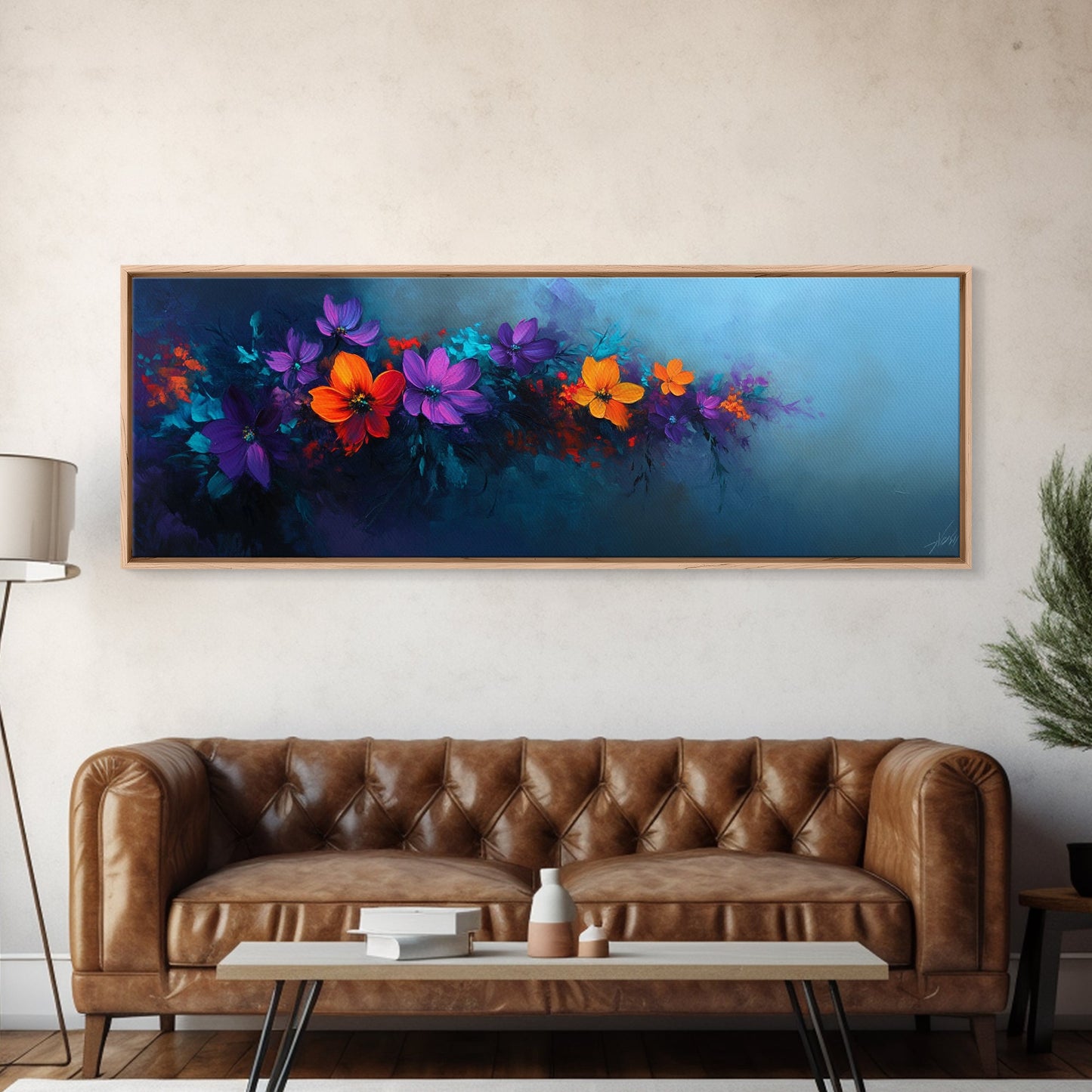Purple and Orange Flowers on Navy Blue Background, Panoramic Framed Canvas Art, Oil Painting Print, Boho Style Wall Art, Dark Home Decor, Moody Art