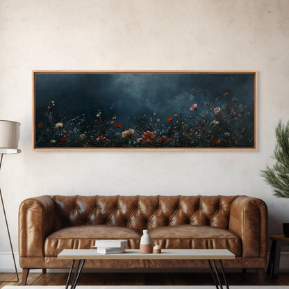 Dark & Moody Wild Flowers At Night, Framed Canvas Print, Panoramic Thought Provoking Wall Art, Above Bed Art, Dark Floral Painting