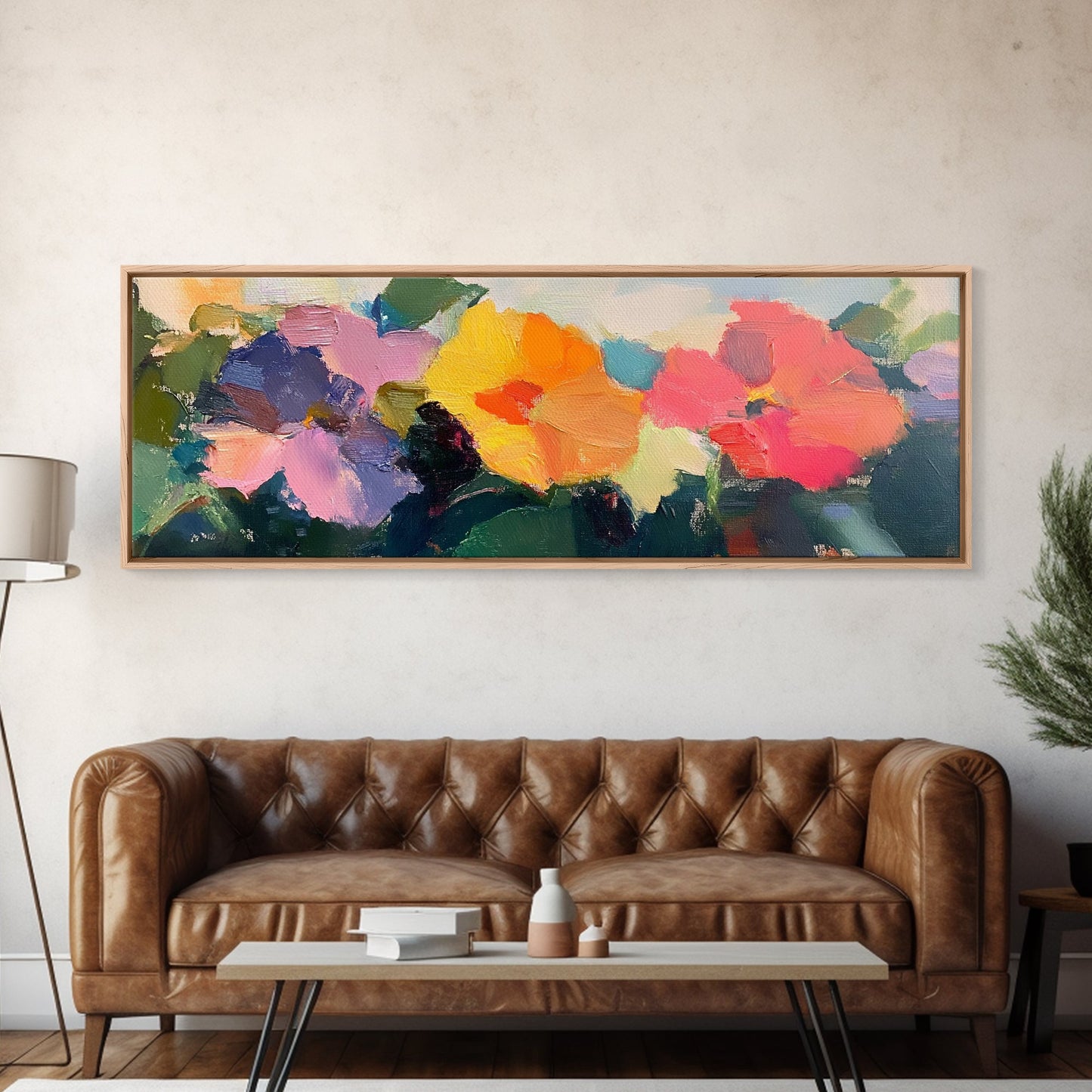 Abstract Flowers Panoramic Painting Print, Oil Painting Wood Framed Canvas Print, Boho Modern Art, Modern Farmhouse Decor