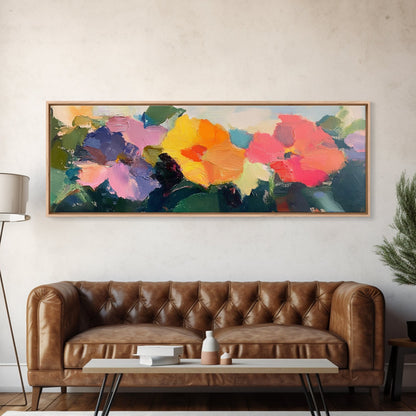 Abstract Flowers Panoramic Painting Print, Oil Painting Wood Framed Canvas Print, Boho Modern Art, Modern Farmhouse Decor