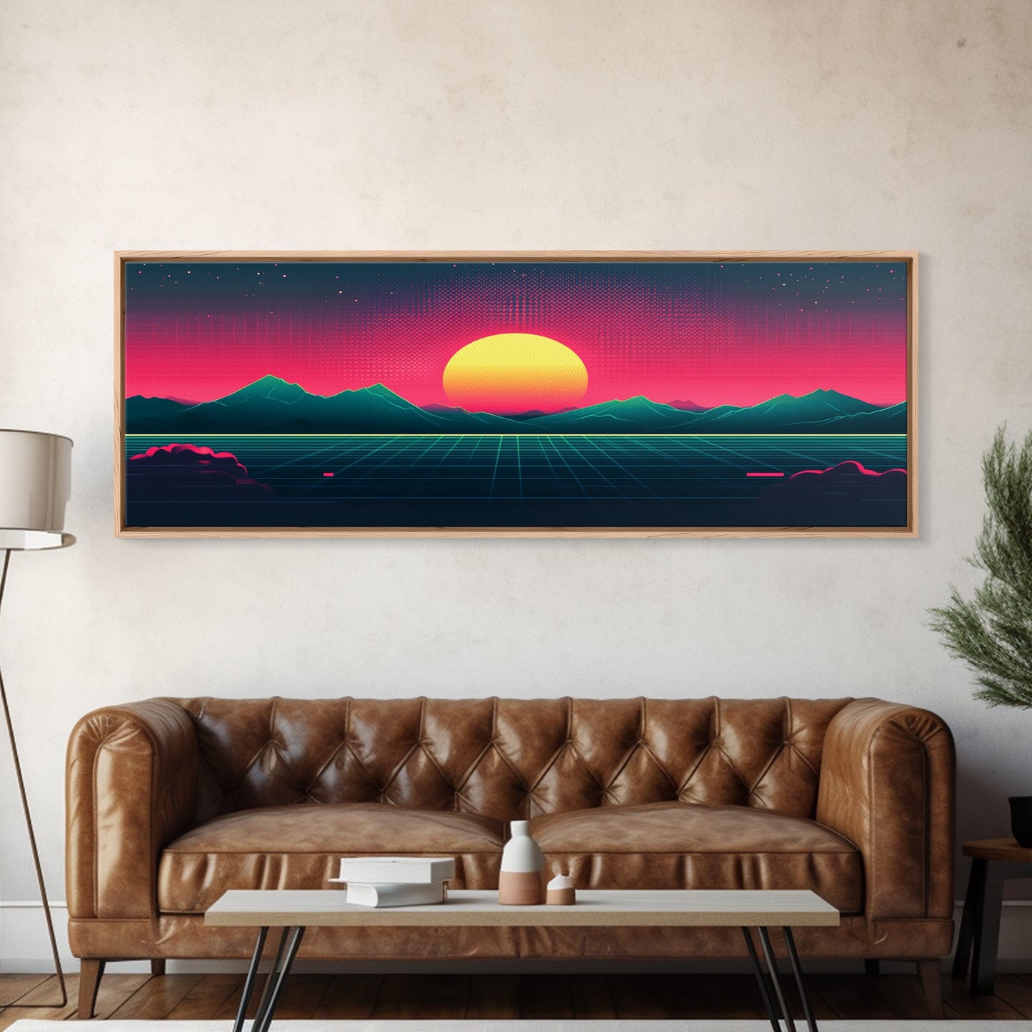 Synthwave Sunset Over The Mountains, Wireframe Art, Framed Canvas Print, Wire Frame Retro 1980s Style Wall Art