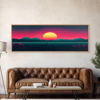 Synthwave Sunset Over The Mountains, Wireframe Art, Framed Canvas Print, Wire Frame Retro 1980s Style Wall Art