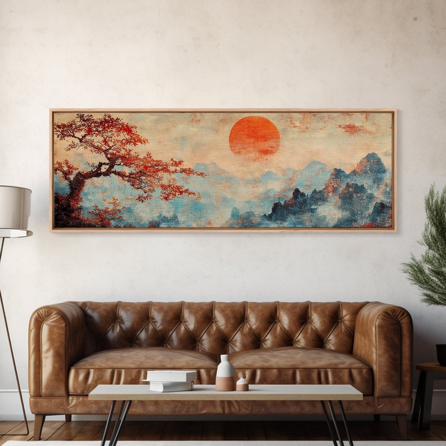 Japanese Maple Tree at Sunset, Vintage Japanese Inspired Woodblock Print Canvas Art, Retro Japanese Art