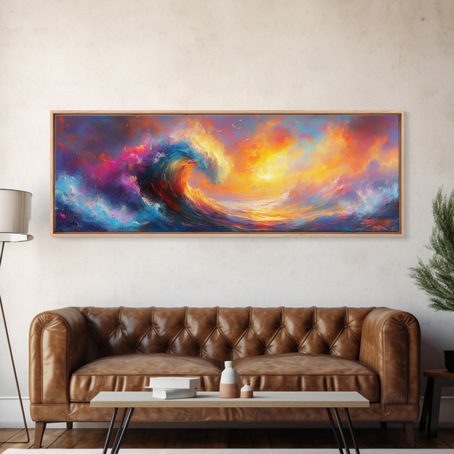 Oil Painting Print of Rainbow Ocean Waves, Retro Farmhouse Beach House Decor, Panoramic Extra Wide Wall Art