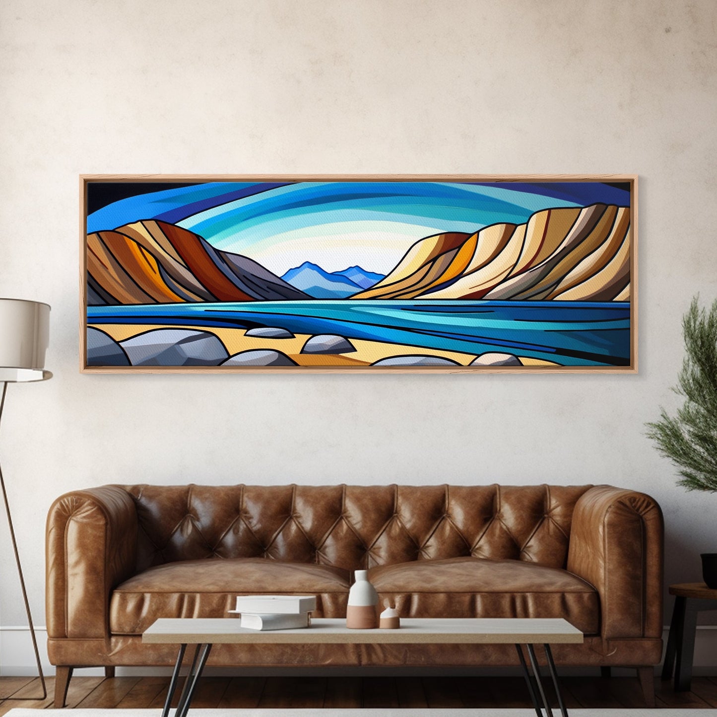 Retro Art Deco Landscape Print, Stained Glass Style Landscape Painting, Wood Framed Wall Art, Horizontal Art, Ultra Wide Panoramic Art