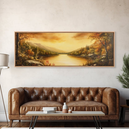 Sunset Over The Lake, Framed Canvas Print, Ultra Wide Wall Art, Panoramic Painting, Above Sofa Or Bed Wall Art, Home Decor, Calm Wall Art