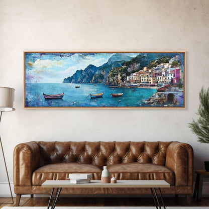 Italian Seaside, Framed Canvas Print, Italy In The Summer, Original Artwork Oil Painting Print, Gift Idea, Horizontal Wood Framed Panoramic Art