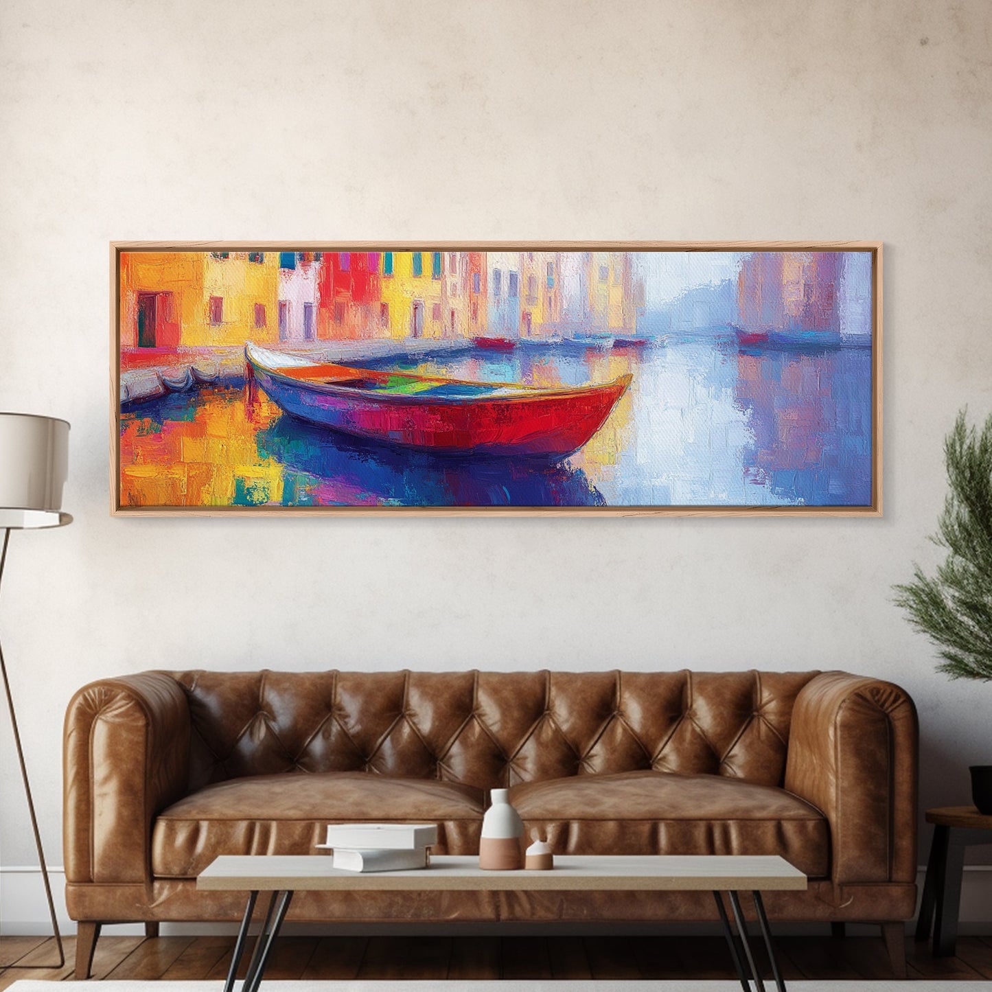 Abstract Painting Of a Canoe, Framed Canvas Print, Vienna Italy Wall Art, Colorful Pop Art, Retro Boho Style Home Decor
