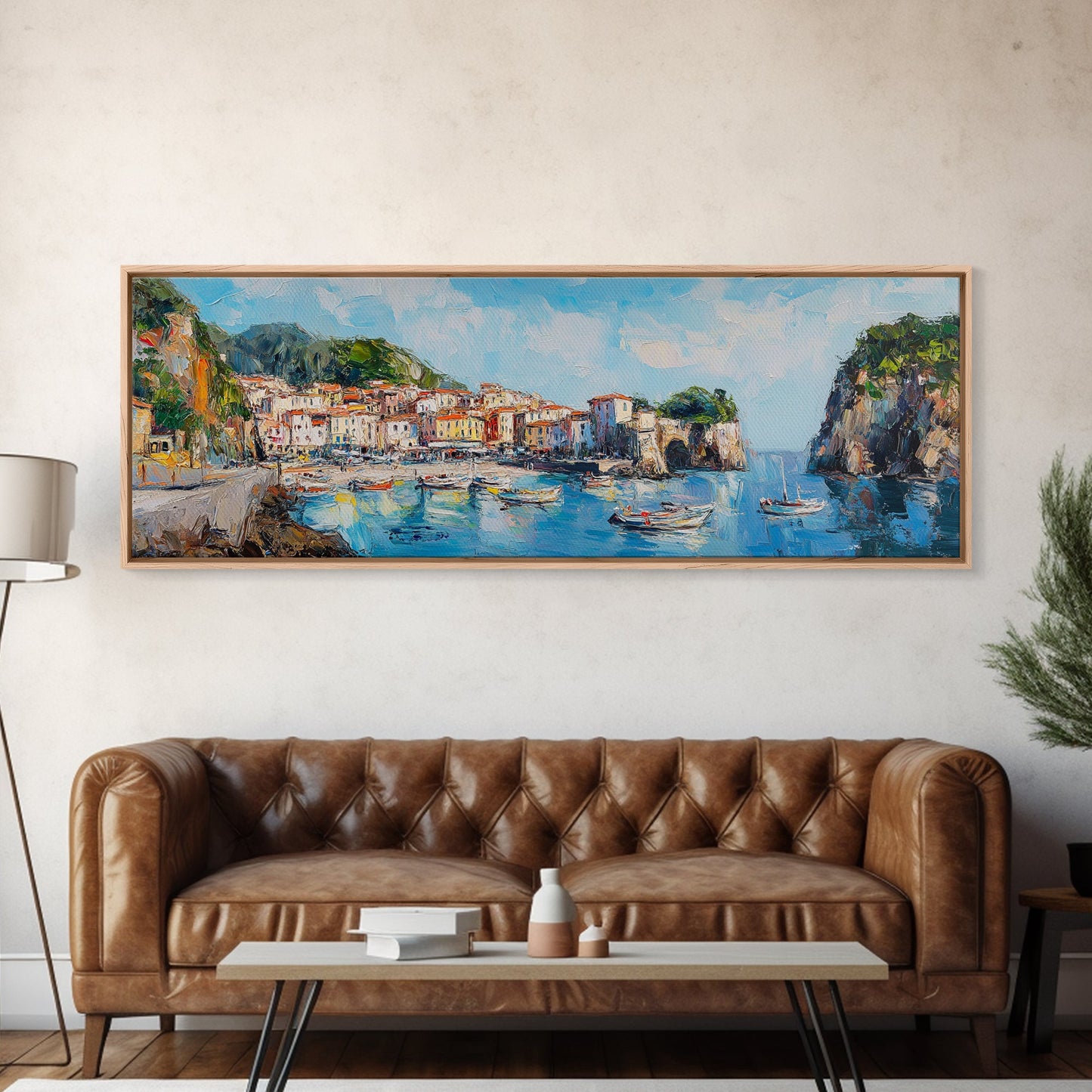 Muted Italian Fishing Village Painting Print, Boho Wall Art, Minimalist Style Panoramic Painting, Extra Large Oversized Wall Art, Home Decor / Gift Idea