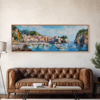 Muted Italian Fishing Village Painting Print, Boho Wall Art, Minimalist Style Panoramic Painting, Extra Large Oversized Wall Art, Home Decor / Gift Idea