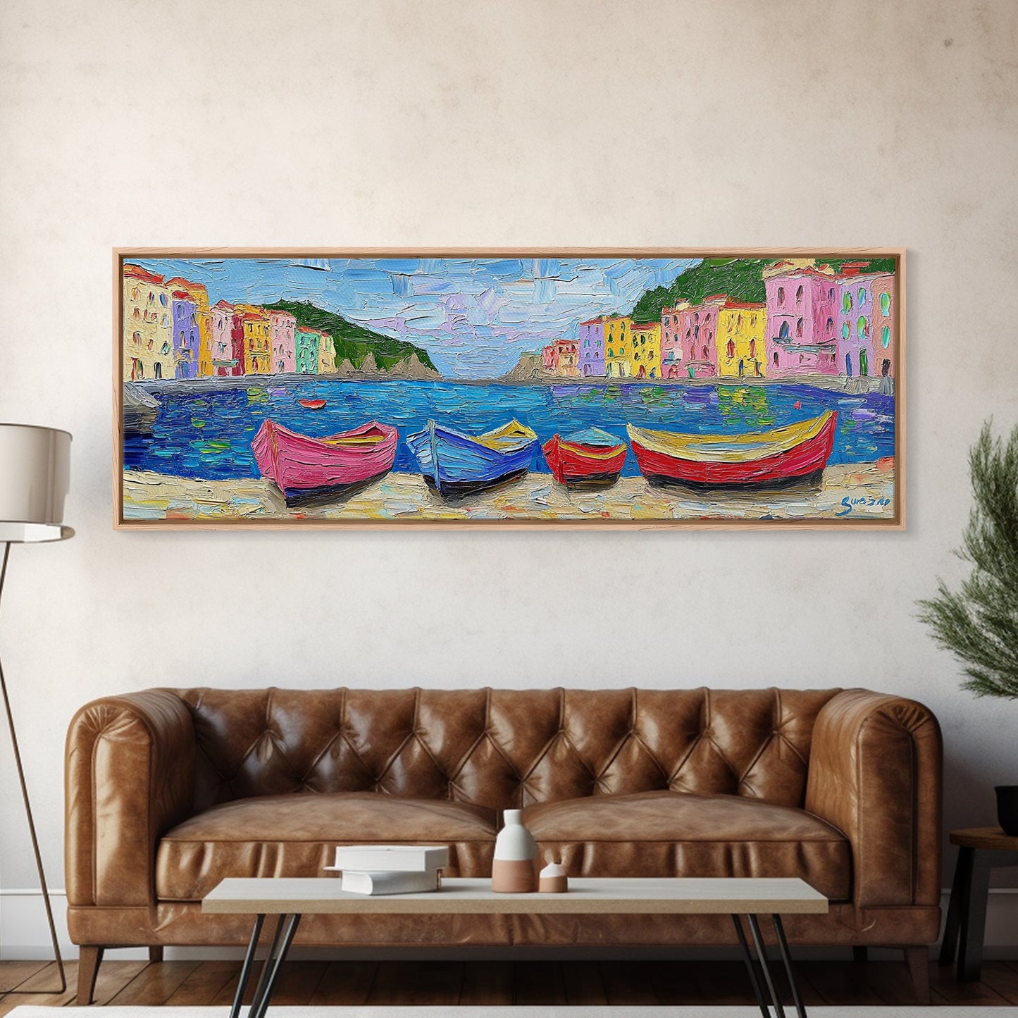 Pastel Row Boats in an Italian Fishing Village, Framed Canvas Print, Original Artwork, Retro Italy Painting, Impasto Style Print