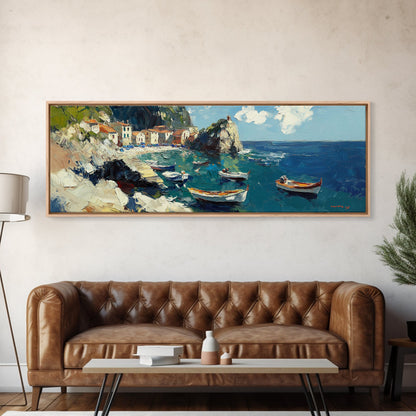 Italian Fishing Village, Vintage Style Canvas Print, Wood Framed Panoramic Wall Art, Italy Vacation Gift, Travel Gift Idea, Impressonist Seascape