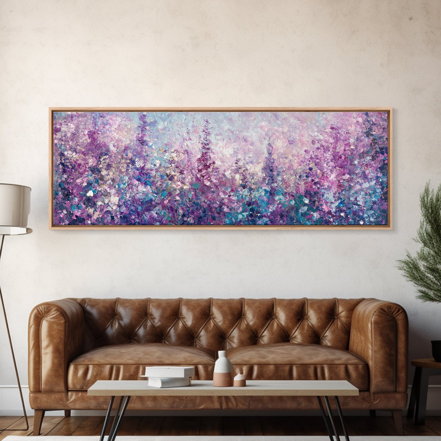 Purple Flower Painting, Lavender and Lilacs, Framed Canvas Print, Boho Style Panoramic Painting Wall Art, Purple and Blue Flowers