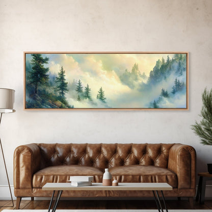 Fog In The Mountains - Framed Canvas Print - Panoramic North Carolina Painting - Blue Ridge Mountains - Original Painting Home Decor - Moody Art