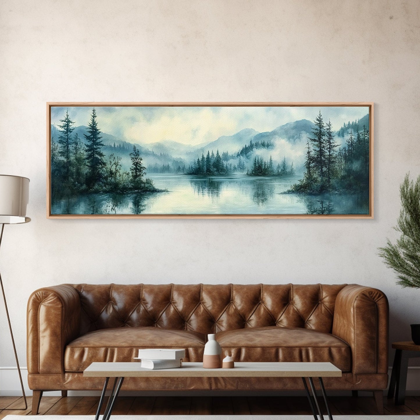 Fog Over The Lake Panoramic Painting Print - Rustic Decor - Panoramic Ultra Wide Wall Art For Above Bed or Sofa - Moody Decor
