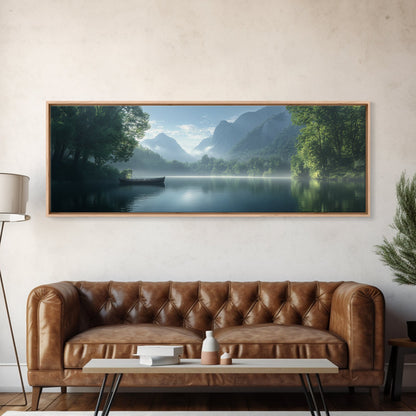 Canoe On The Lake, Framed Canvas Print, Moody Landscape Painting, Realism, Original Artwork, Rustic Lakehouse Decor, Oversized Wall Art