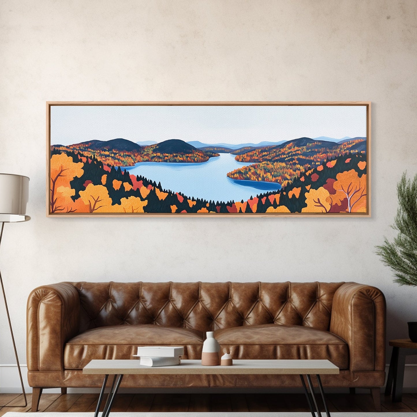 Fall In The Valley, Framed Canvas Print, Wood Framed Wall Art, Panoramic Landscape Painting