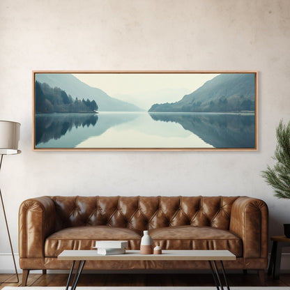 Reflections on an Overcast Day, Framed Canvas Print, Moody Decor, Foggy Landscape Painting, Panoramic Wall Art