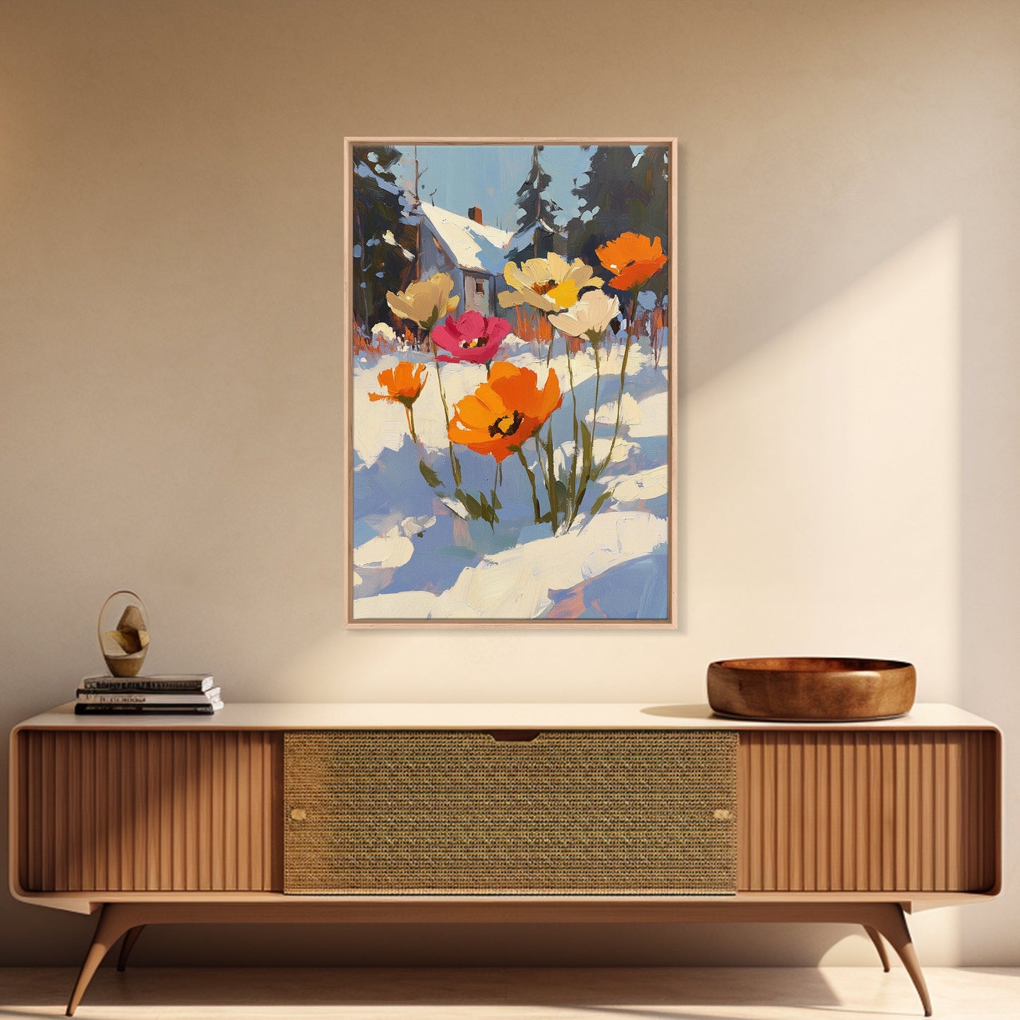 Wild Flowers In The Snow, Framed Canvas Print, Original Floral Painting Print, Modern Wall Art, Modern Custom Art, Winter Art