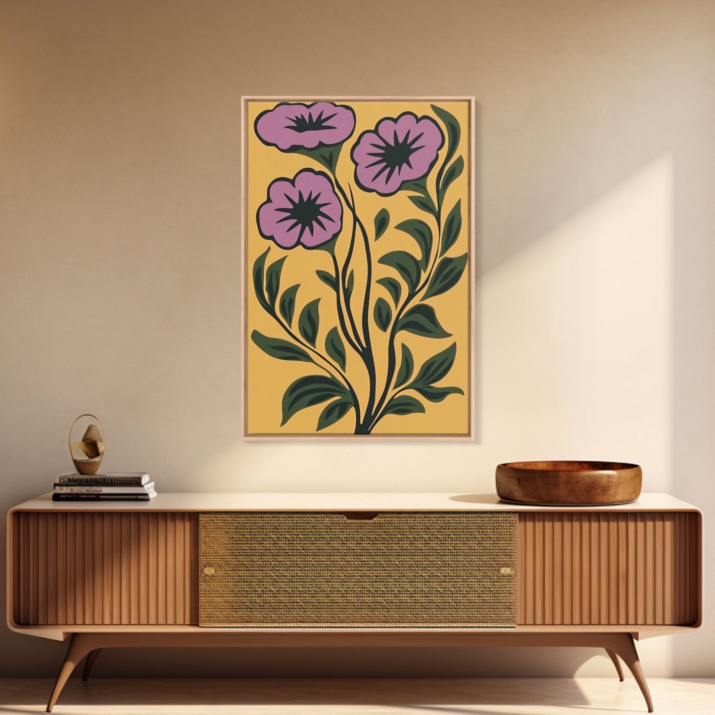 Framed Canvas Canvas Wall Art Mid-Century Modern Boho Flower Print, Purple and Yellow Wall Art, Modern Art Boho Home Decor, Minimalist