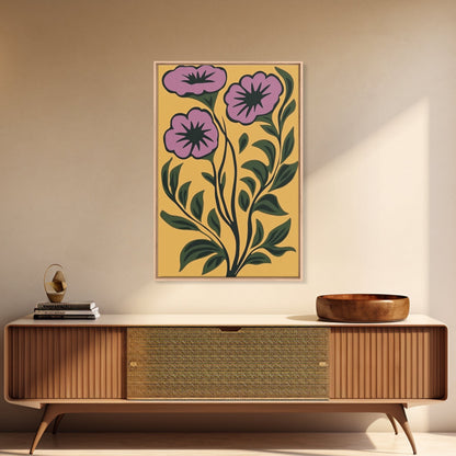 Framed Canvas Canvas Wall Art Mid-Century Modern Boho Flower Print, Purple and Yellow Wall Art, Modern Art Boho Home Decor, Minimalist