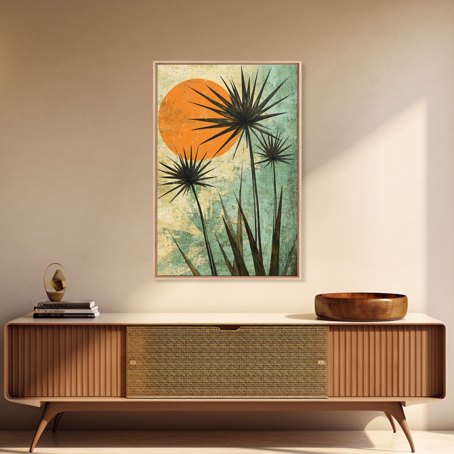 Abstract Palm Trees at Sunset, Framed Canvas Print, MCM Style Wall Art