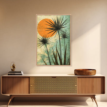 Abstract Palm Trees at Sunset, Framed Canvas Print, MCM Style Wall Art