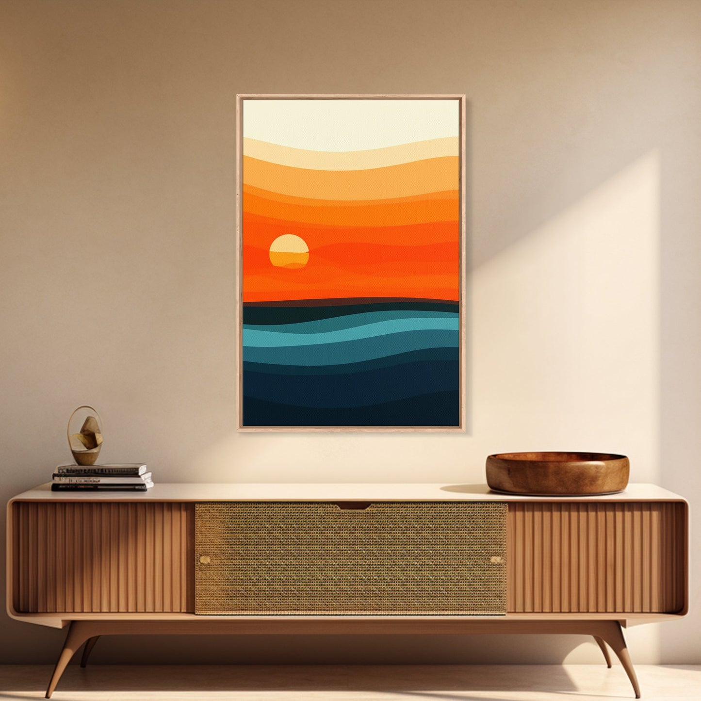 Abstract Sunset Over The Ocean Art Deco Style Wall Art Canvas Print, Beautiful Wall Art, Vertical Living Room Decor
