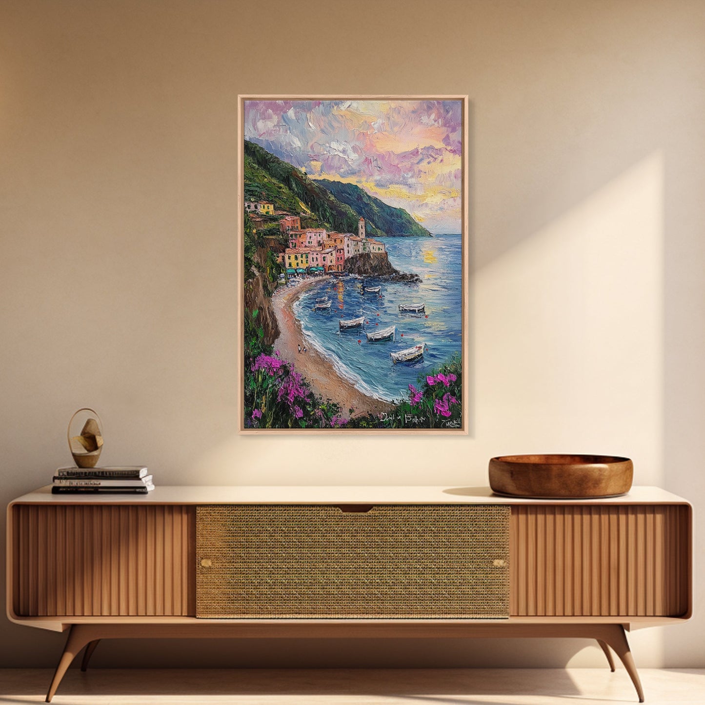 Italy At Sunset - Framed Canvas Print - Impasto Style Print Abstract Art - Calming Soothing Home Decor - Bedroom Art