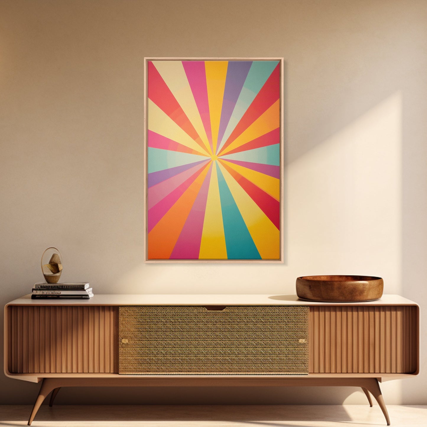 MCM Inspired Wall Art, Fire Engine Red, Slate Green, Storm Grey and Bee Yellow Geometric Framed Canvas Print, Boho Decor