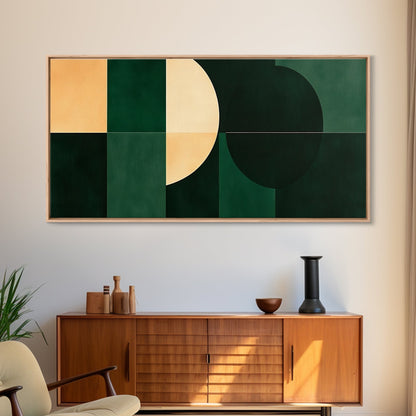 Extra Large Horizontal Emerald Green Geometric Mid Century Modern Wall Art, Framed Canvas Print