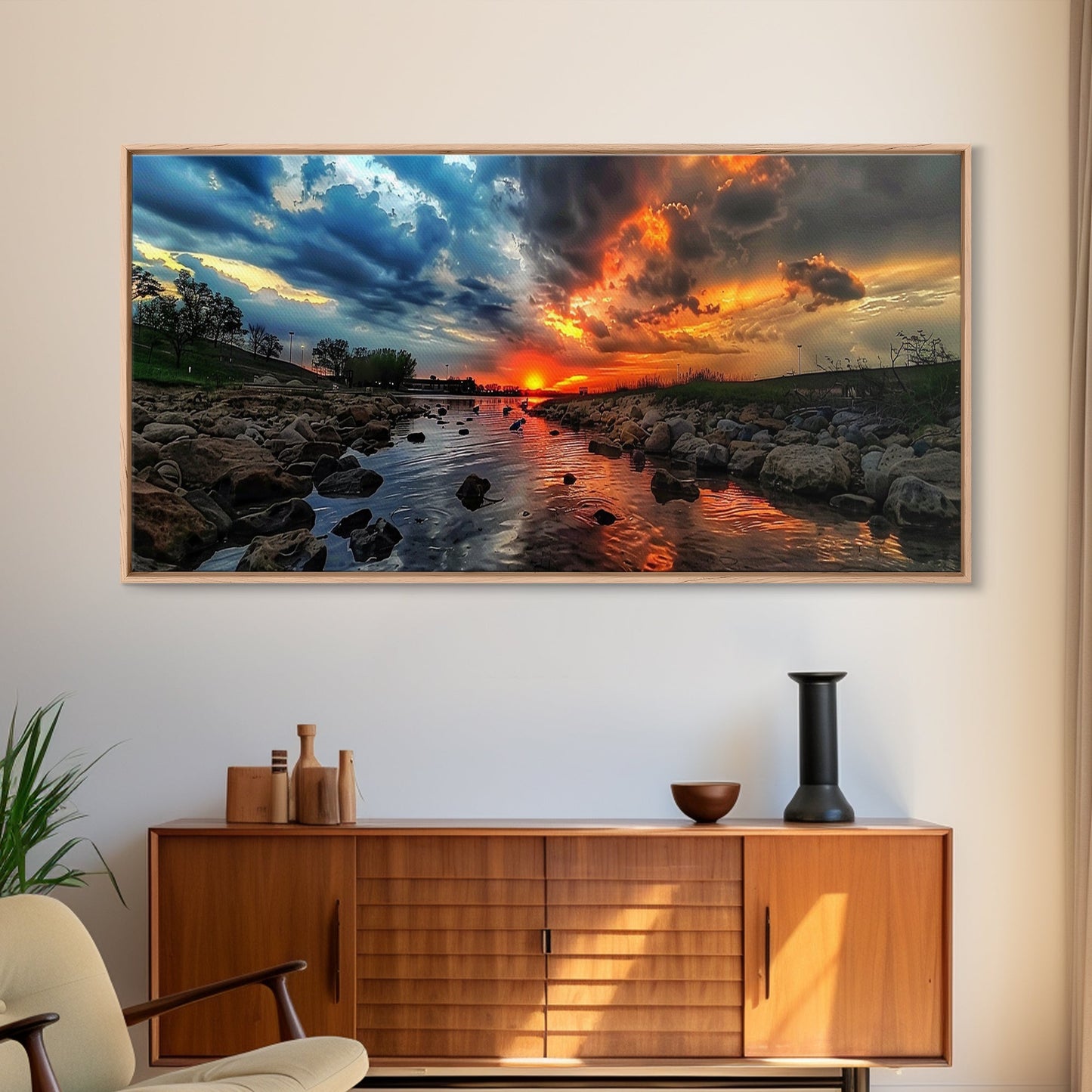Sunset Over A Rocky River, Framed Canvas Print, Landscape Photography Style Wall Art, Beautiful Home Decor