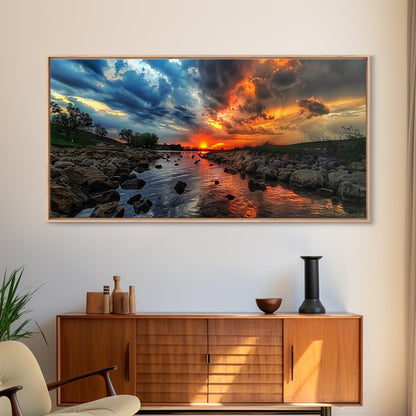 Sunset Over A Rocky River, Framed Canvas Print, Landscape Photography Style Wall Art, Beautiful Home Decor