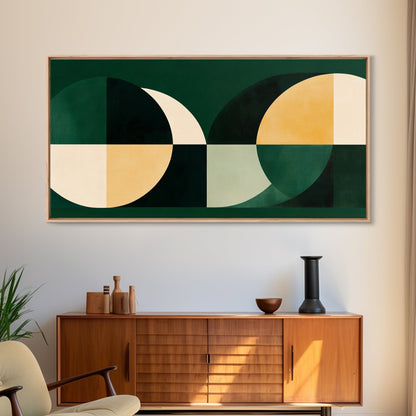 Extra Large Horizontal Emerald Green Geometric Mid Century Modern Wall Art, Framed Canvas Print, Oversized Art