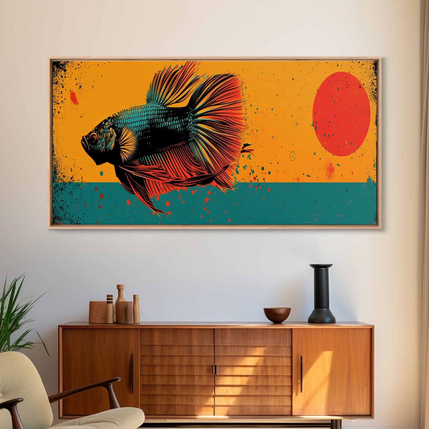 Retro 80s Style Painting of a Betta Fish, Framed Canvas Print, Home Decor Gift Artwork, Fish Painting, Betta Fish Art