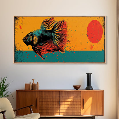 Retro 80s Style Painting of a Betta Fish, Framed Canvas Print, Home Decor Gift Artwork, Fish Painting, Betta Fish Art