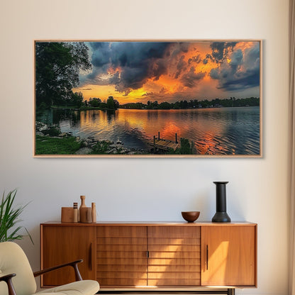 Sunset On The Lake Framed Canvas Print, Lakehouse Decor, Rustic Modern Farmhouse Wall Art, Photography Style Landscape Art
