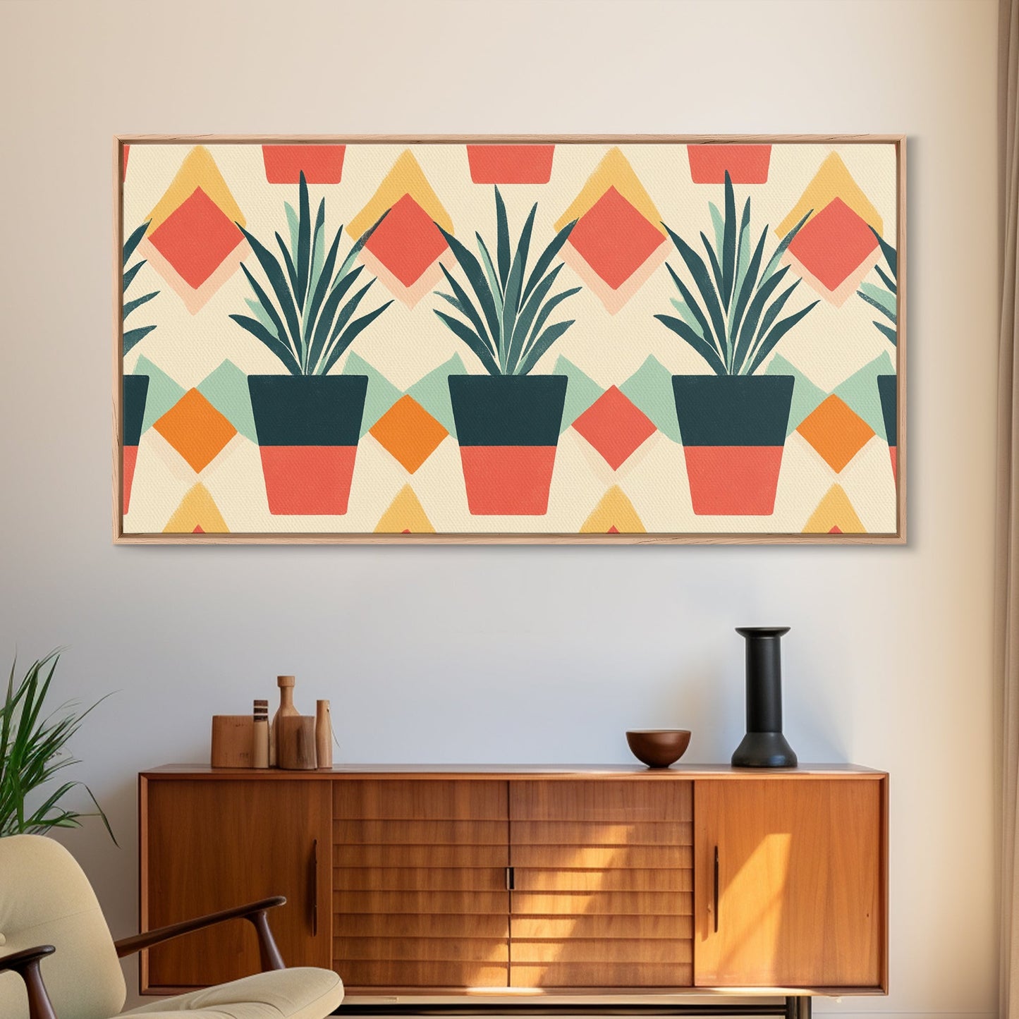 Mid Century Modern Botanical Print, Wood Framed Canvas Art, Botanical Wall Art, Boho Style Southwestern Pueblo Art
