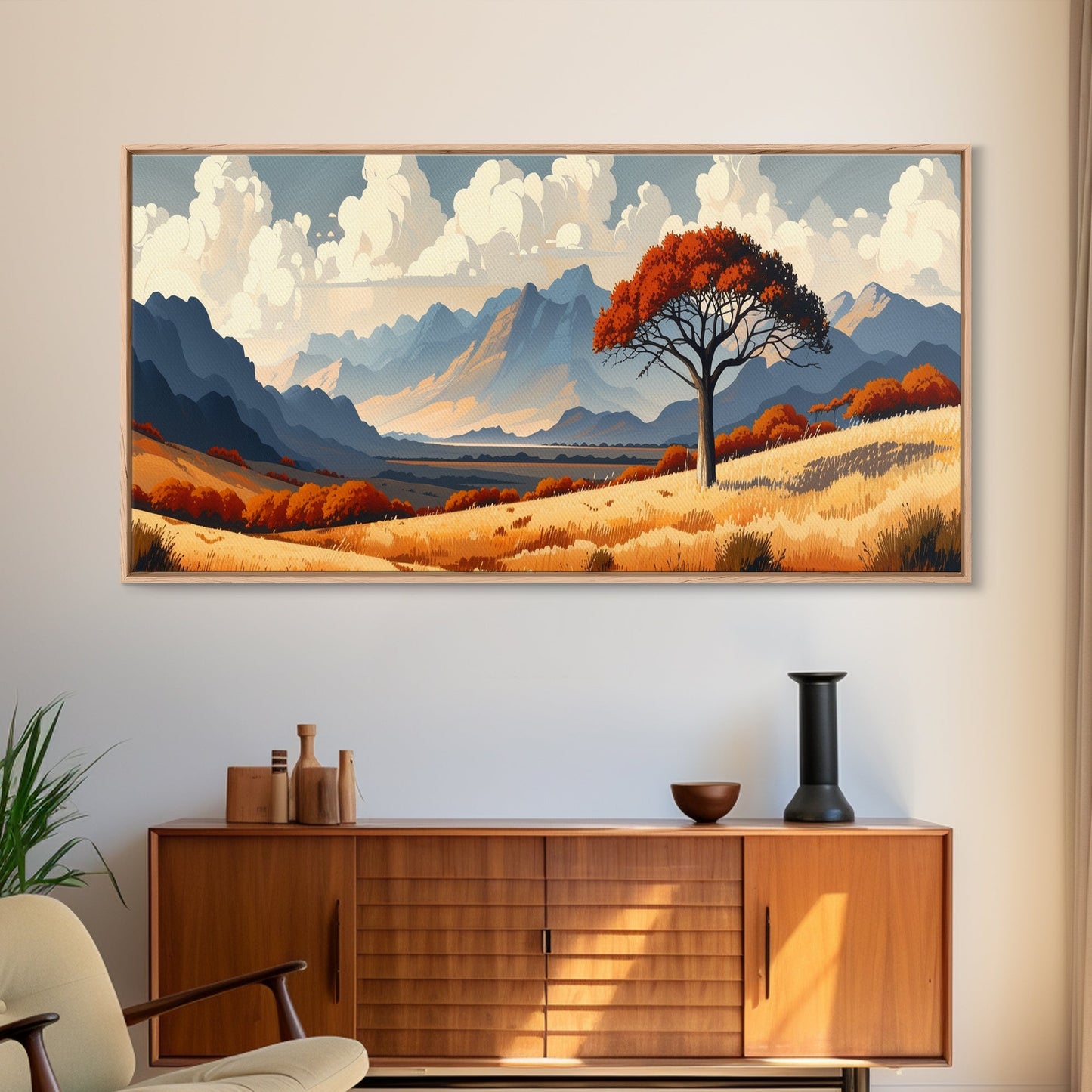 Landscape Print, Muted Southwestern Landscape, Hazy Mountain Valley Oil Painting Print, Panoramic Wall Art, Calm Above Bed Art