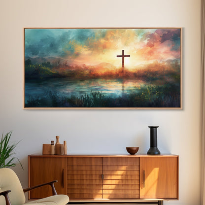 Christian Wall Art Landscape Painting Canvas Print, Beautiful Cross and Sunset, Christianity Home Decor