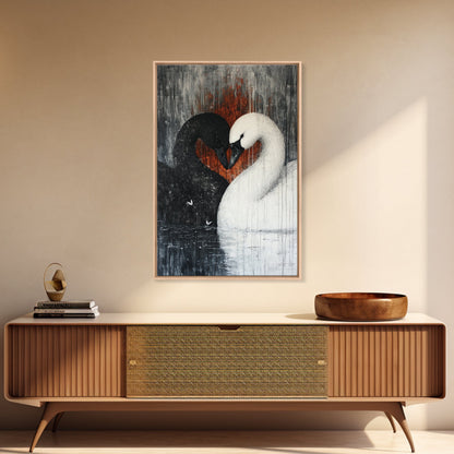 Two Swans in Love, Framed Canvas Print, Goth Decor, Wedding Gift Idea, Engagement Gift, Gift For Couples, Swan Painting, Swan Art