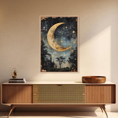 Mystical Moon Painting Print, Folk Art Canvas Print, Eerie Atmospheric Wall Art, Subdued and Moody Home Decor, Crescent Moon Painting