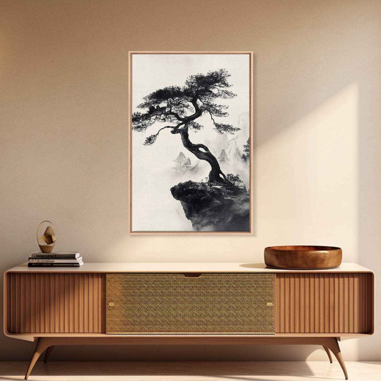 Bonzai Tree on a Cliff Wabi Sabi Painting Print, Wood Framed Wall Art, Bonzai Tree Art, Japanese Style Artwork