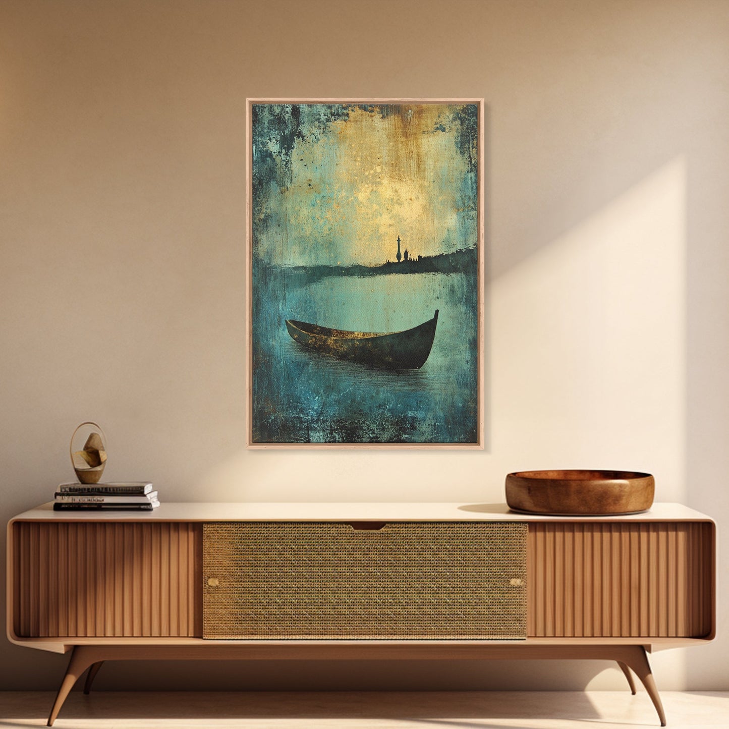 Canoe on the Lake Framed Canvas Print, Nautical Decor, Lakehouse Art, Abstract Lakehouse Painting, Lake Decor