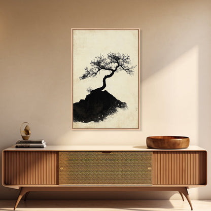 Black and White Charcoal Sketch Print of a Bonzai Tree, Framed Canvas Print, Wabi Sabi Art, Wabi Sabi Painting, Minimalist Home Decor