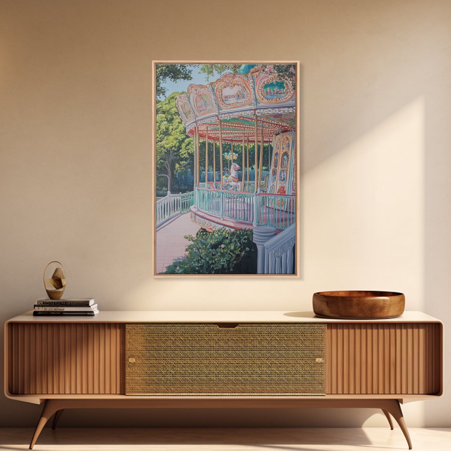 Nursery Decor Framed Canvas Print, Wall Decor for Girl's Room, Carrousel Oil Painting, Oil Painting of a Carrousel