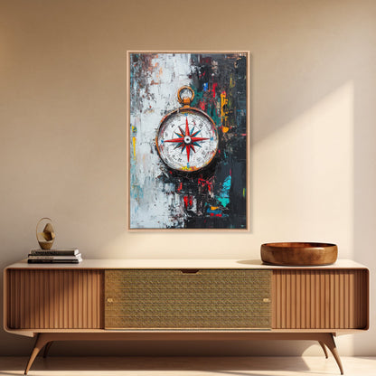 Compass Wall Art Framed Canvas Print, Travel Decor, Vacation Gift, Travel Gift, Home Decor, Compass Painting, Nautical Nursery Decor