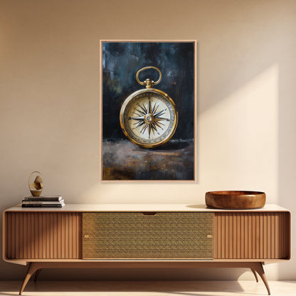 Weathered Compass Wall Art, Nautical Coastal Home Decor Wall Art Framed Canvas Print, Rustic Seaside Accent Piece, Statement Piece, Rustic Decor