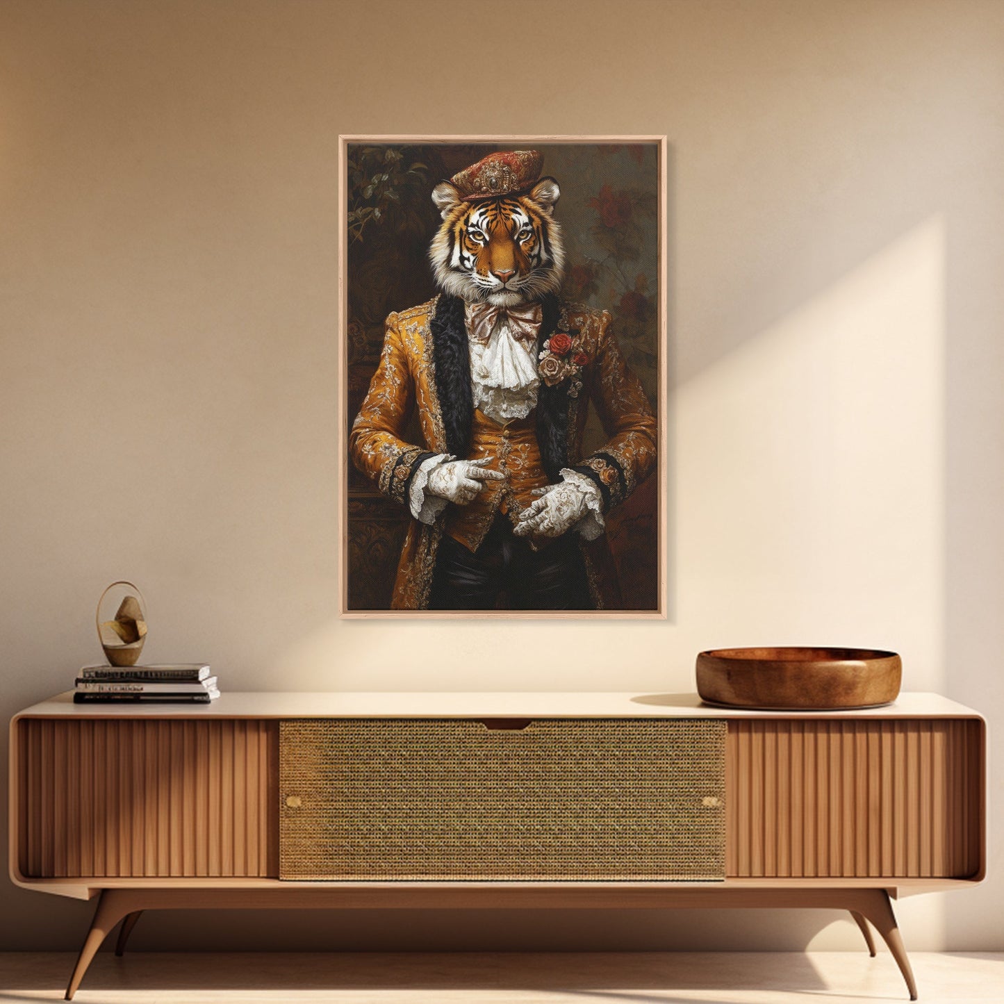 The Dapper Tiger Gentleman Portrait Framed Canvas Print, Whimsical Home Decor, Eclectic Decor, Kitsch Wall Art, Preppy Wall Art, Glam Decor